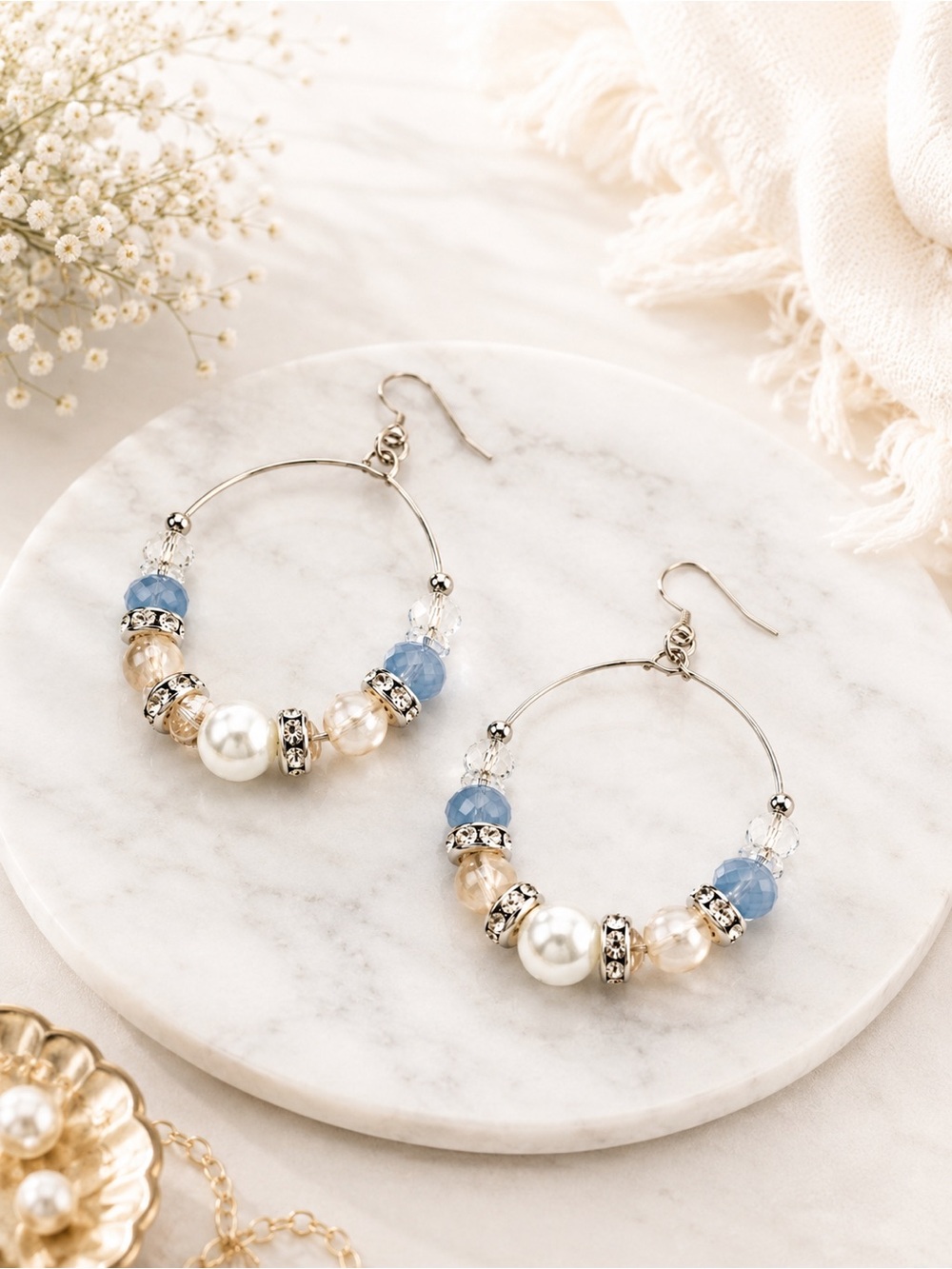 Candie’s Beaded Hoop Earrings Blue Crystal Faux Pearl Boho Statement Drops